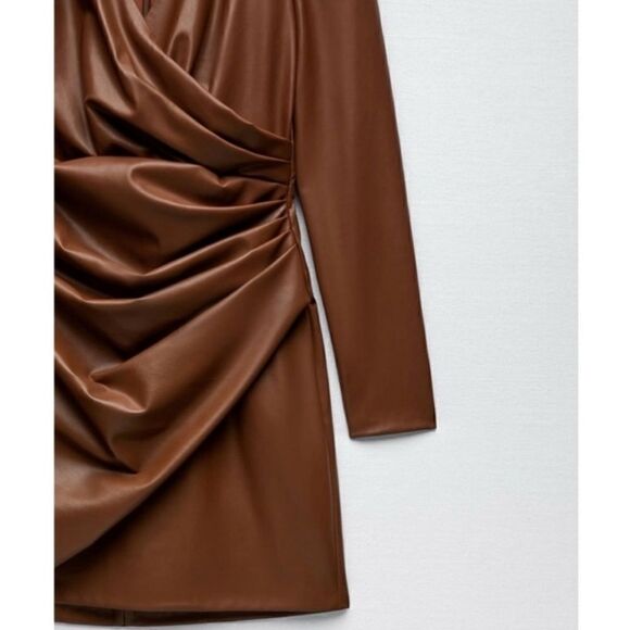ZARA BLOGGERS FAV! FAUX LEATHER MINI DRESS BROWN NWT XS & S - Picture 11 of 15